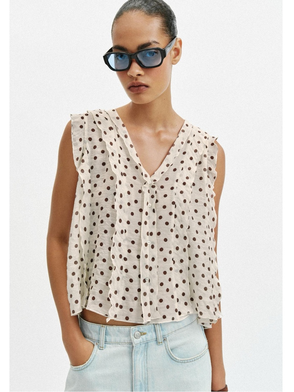 Zara Cream Polka Dot Sleeveless V-Neck Camisole